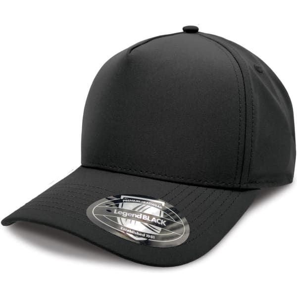 A black cap with a curved brim, featuring a logo and a fitted design.