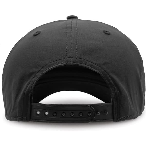 A black cap with an adjustable strap at the back, featuring a logo.
