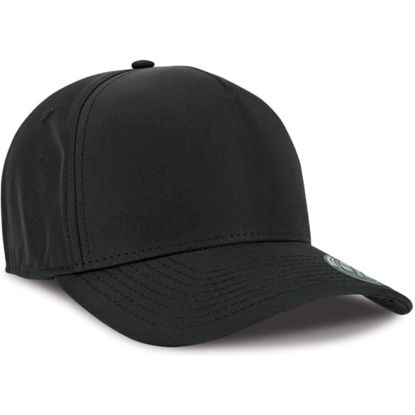 A black cap with a curved brim and a logo on the front. Features a structured design and a smooth fabric finish.