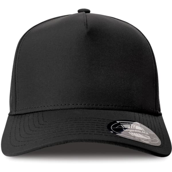 Black cap with a structured design and a logo on the side. Suitable for various outdoor activities.