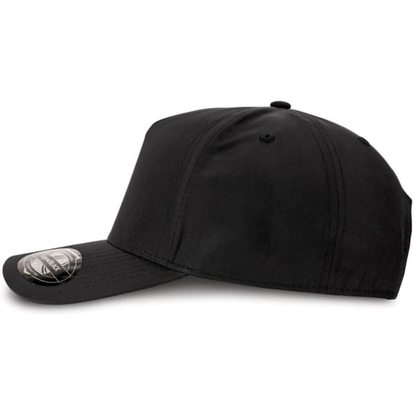 A black cap with a curved visor and a logo on the front, featuring a six-panel design.