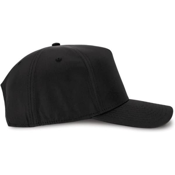 A black cap with a curved peak, featuring a simple design and a logo on the front.