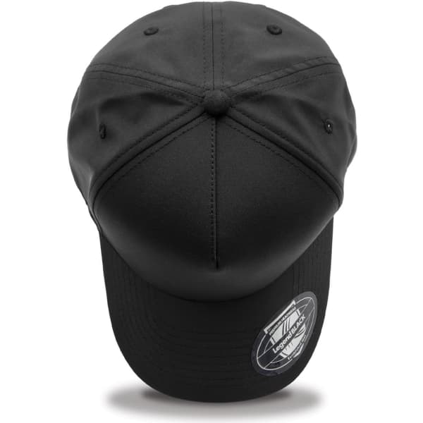 A black cap with a curved brim and a logo on the side, featuring six panels and vent eyelets.