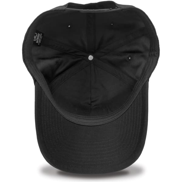 A black cap with a curved brim, featuring an interior view showcasing the lining and stitching details.