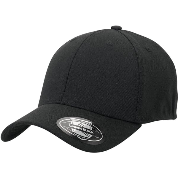 A black cap featuring a curved brim and a fitted design, with a logo on the side.