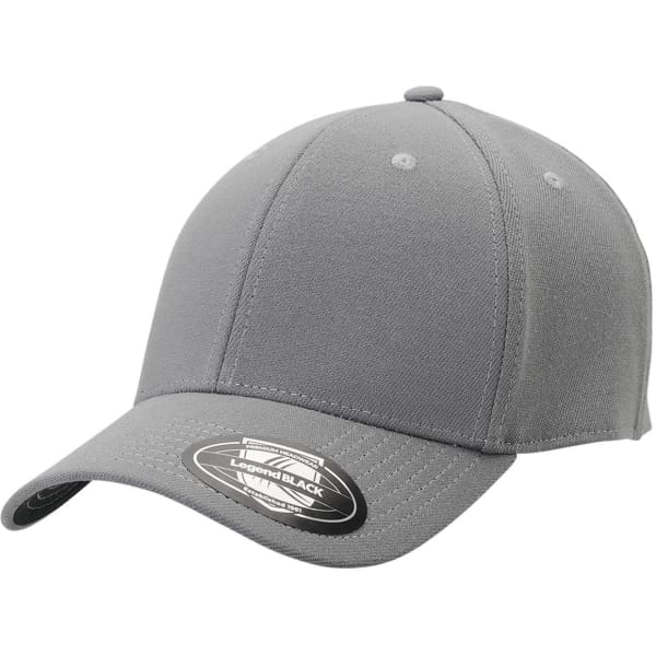 A grey cap with a curved brim and a branding logo on the front. It features a structured design and a fitted style.