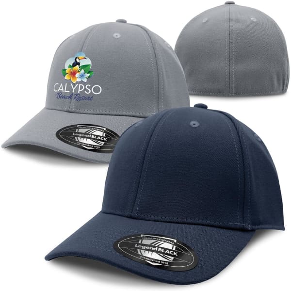 Two caps in grey and navy, each featuring a logo, showcasing a structured design with curved brims.