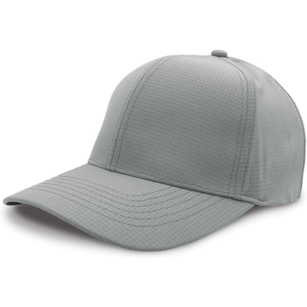 A grey cap with a textured fabric and a curved peak, featuring a branding logo on the side.