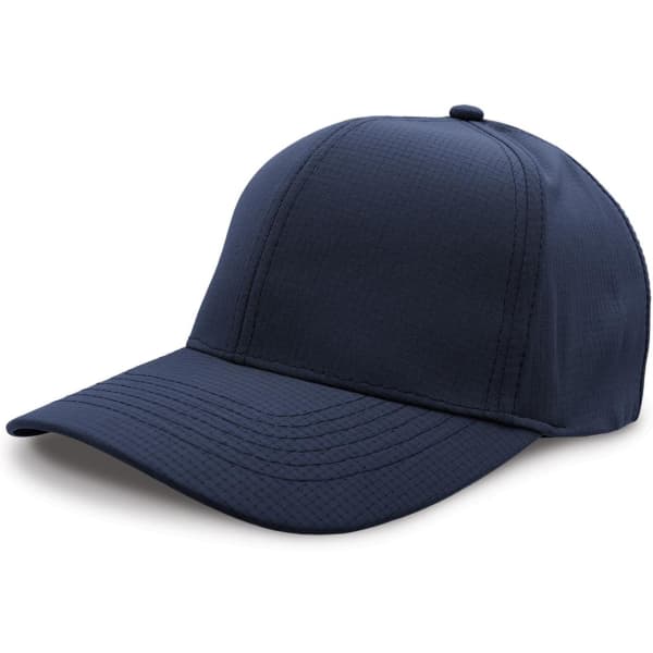 A navy blue cap with a structured design featuring a slightly curved brim and a seamless crown. It has a logo on the side.