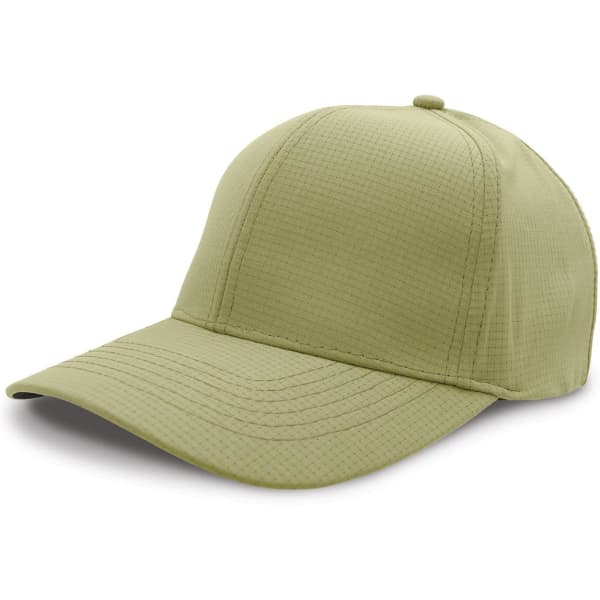 A light green cap with a structured design and a rounded peak. It features branding on the front.