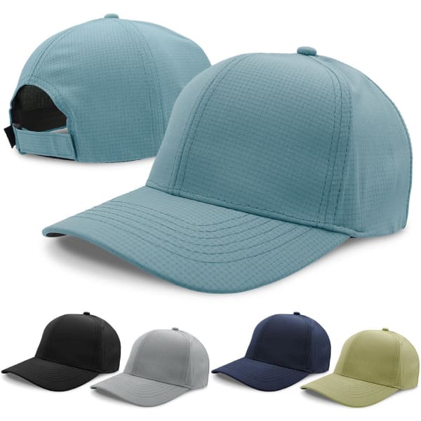 A set of caps in light blue, black, grey, navy, and olive green, featuring a logo on the front.