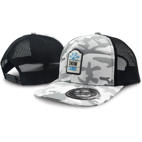 A grey and black trucker cap featuring a camouflage pattern and a branded patch on the front.