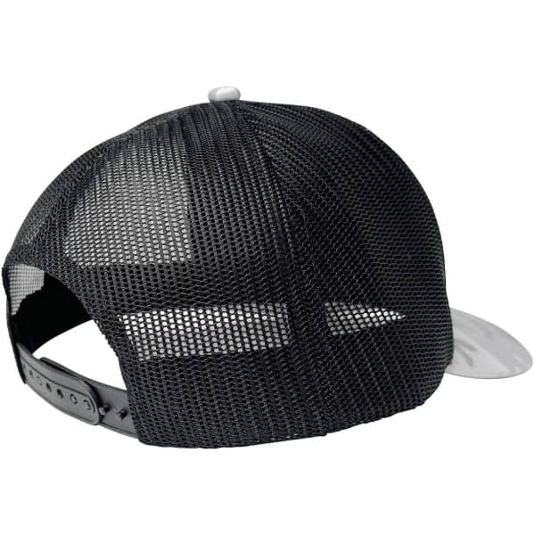 A trucker cap featuring a black mesh back and a grey front panel. It has an adjustable strap.