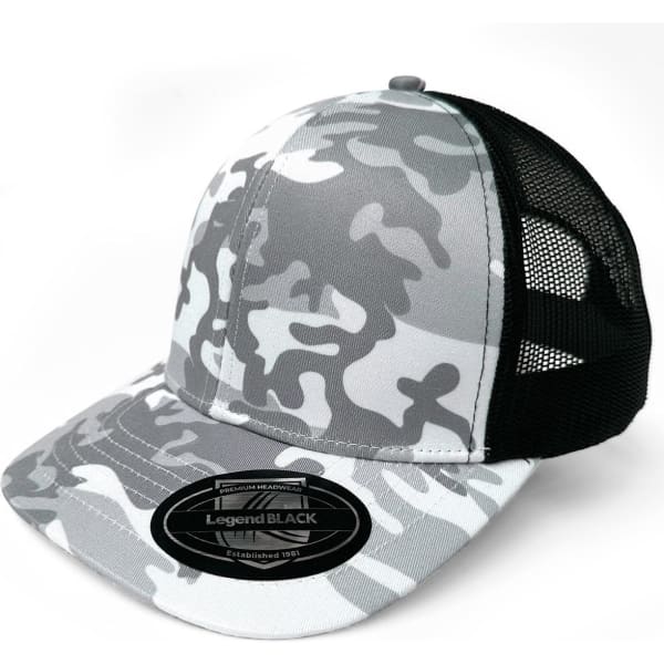 A grey and black camouflage trucker cap with a mesh backing and a branded logo patch.