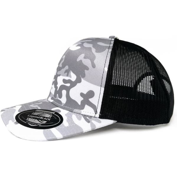 A grey and black camo trucker cap with a mesh back and a branded logo on the front.