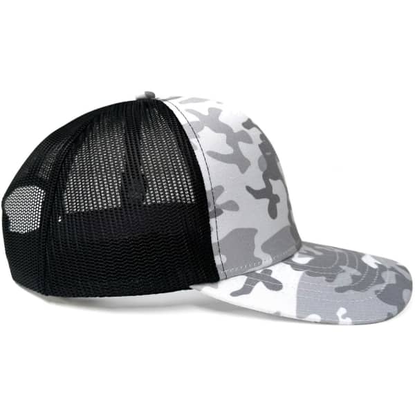 A grey and white camo trucker cap with a black mesh back and a curved peak. Features a logo on the side.
