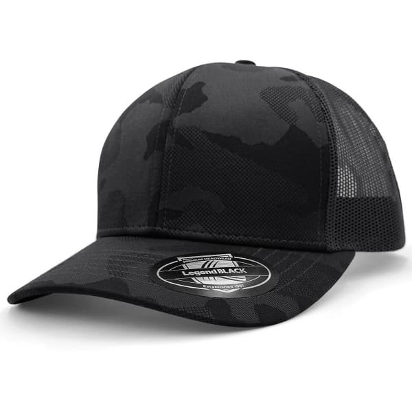 A black camo trucker cap with mesh sides and a branded tag on the front.