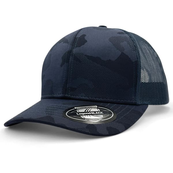 A dark navy camo trucker cap with a mesh back and a curved brim, featuring a logo.