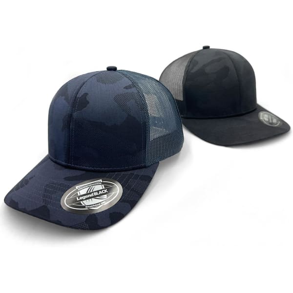 A dark navy and black trucker cap set, featuring a camo design and mesh backs, with branding on the front.