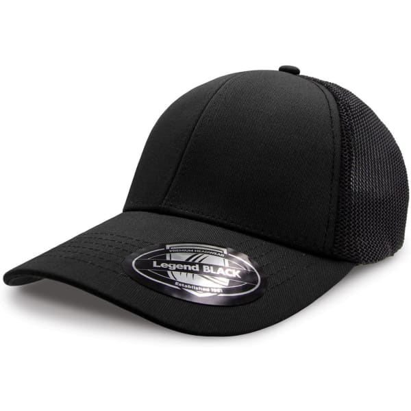 A black cap with a mesh back and a rounded peak, featuring a circular logo on the brim.