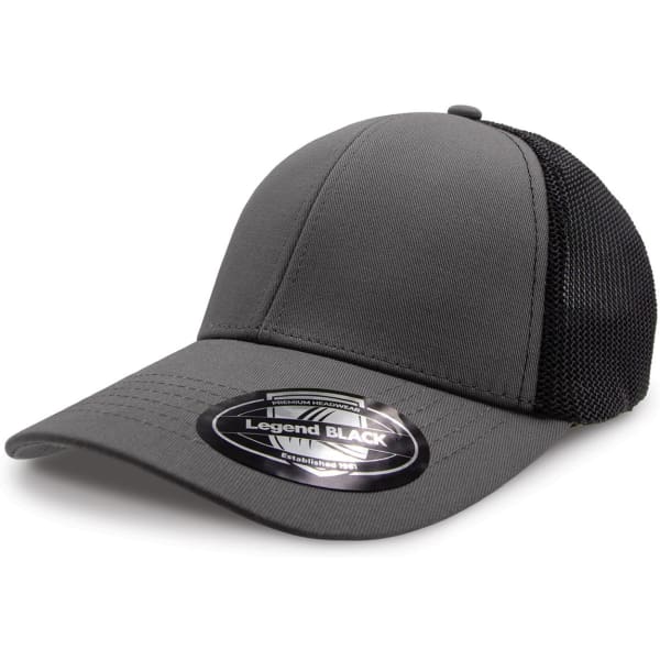 A grey cap with a structured front and mesh sides, featuring a logo on the brim.
