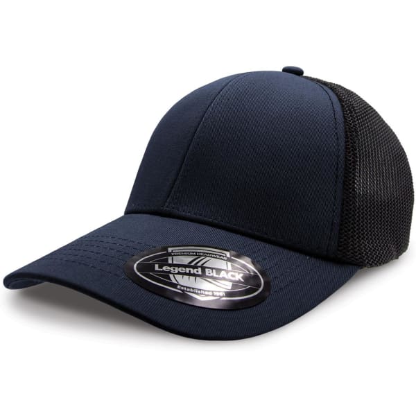 A navy cap with a mesh back, featuring a curved brim and a logo on the visor.