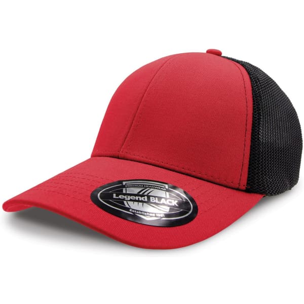 A red cap with a black mesh back and a branded logo on the front.