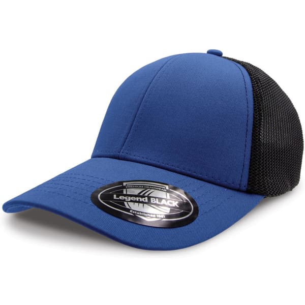 A blue cap with a black mesh back, featuring a logo sticker on the brim.