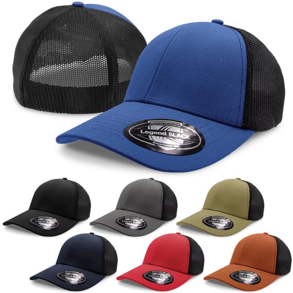 A blue cap with a mesh back and an assortment of other caps in black, grey, navy, red, olive, and orange.