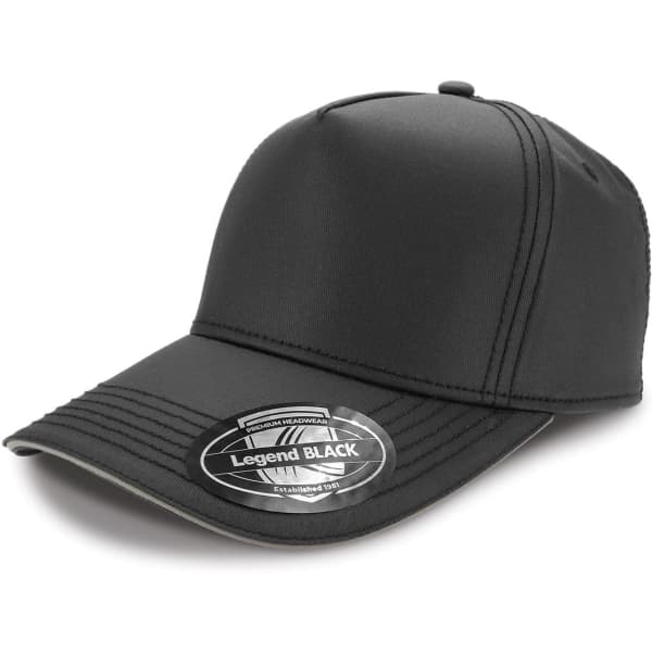 A black cap featuring a structured design and a logo on the front. Ideal for headwear collection.