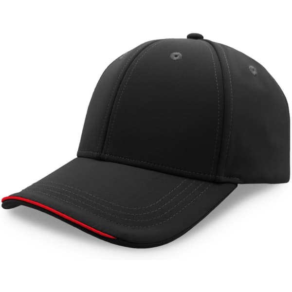 A black cap with a red trim and stitching, featuring a logo on the front.