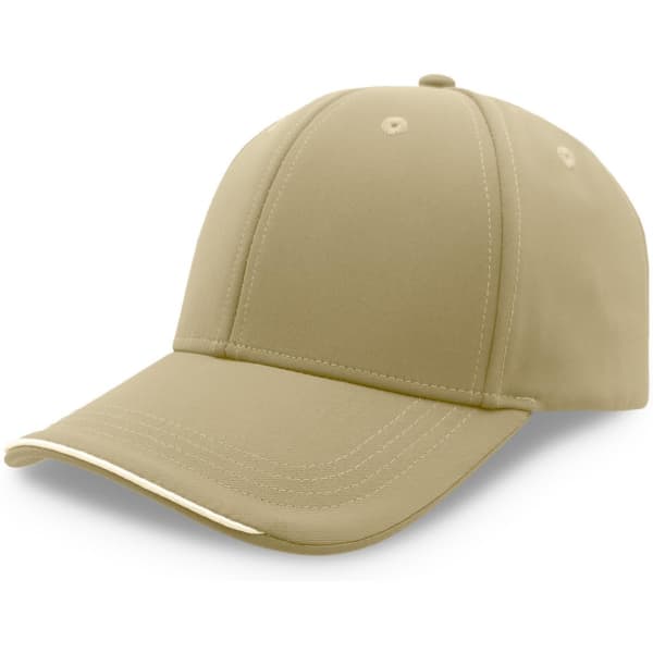 A beige cap with a rounded crown and a curved peak, featuring a logo on the front.