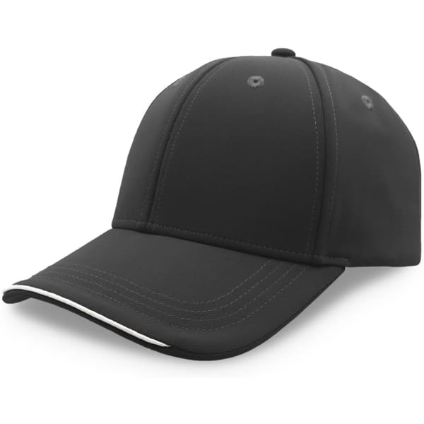 A black cap with a structured design and a contrasting white trim on the brim, featuring a logo.