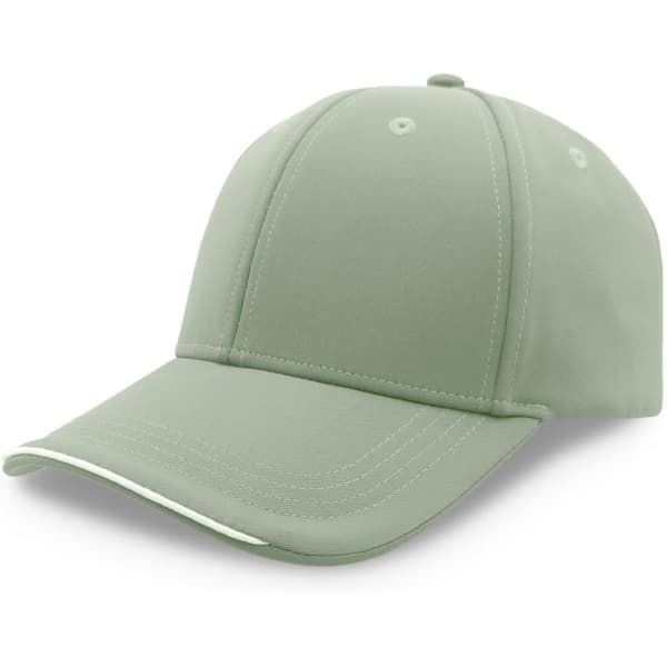 A green cap with a curved brim, featuring a logo on the front and detailing along the edge.