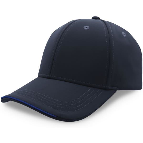 A dark navy cap with a curved brim and contrasting stitching, featuring a logo on the front.