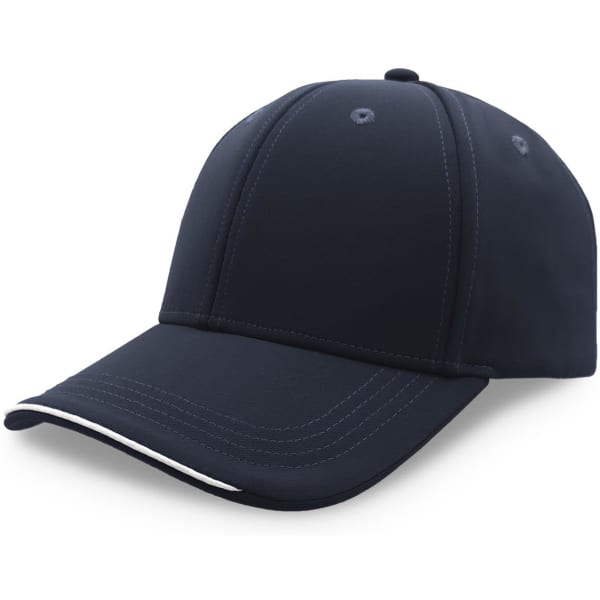 A navy cap with a structured design and a contrasting white stripe on the visor. Features a logo on the front.