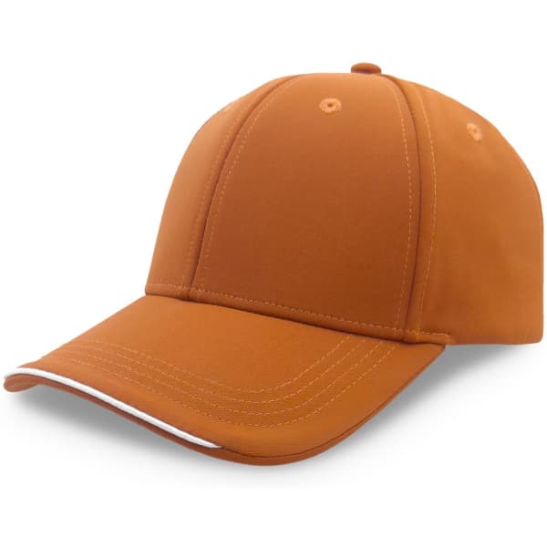 An orange cap with a white accent on the visor and a logo on the front.