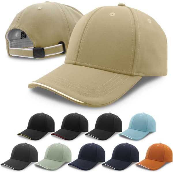 A collection of caps in various colours, including beige, black, light blue, and orange, featuring a logo.