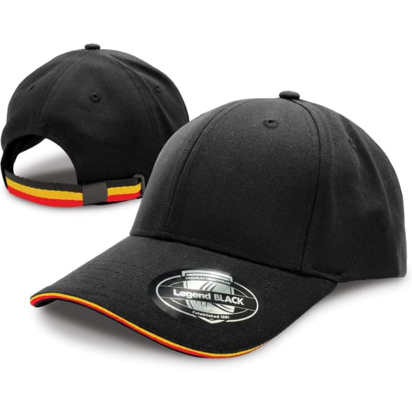 A black cap with a curved brim and a multicoloured band at the back, featuring a logo on the front.