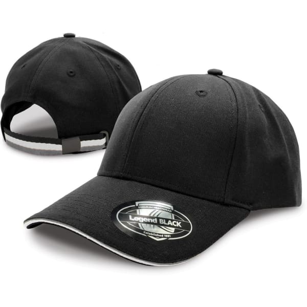 A black cap with a curved brim, featuring a logo and a rear adjustable strap.