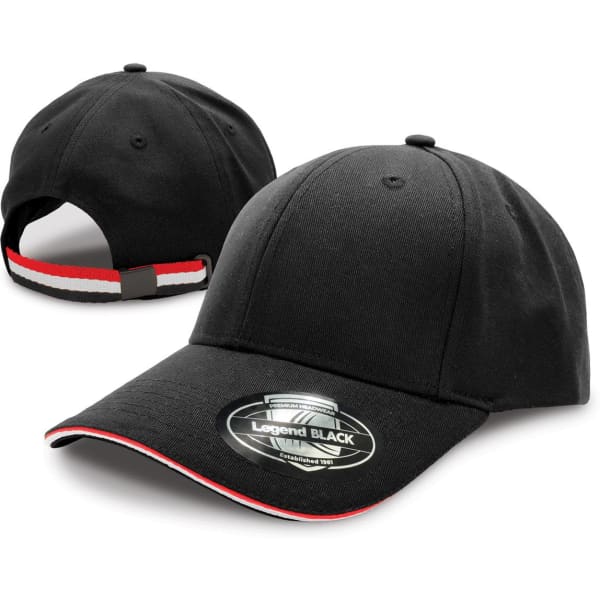 A black cap with a curved brim and a sporty design, featuring a logo and a contrasting band at the back.