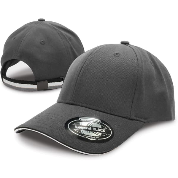 A black cap with a curved brim and a logo on the front. The back features an adjustable strap.