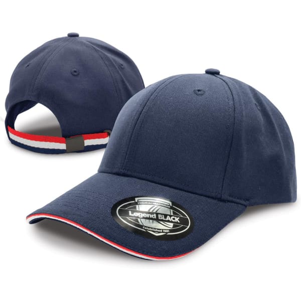 A navy cap with a curved brim, featuring a logo and a striped detail on the back.