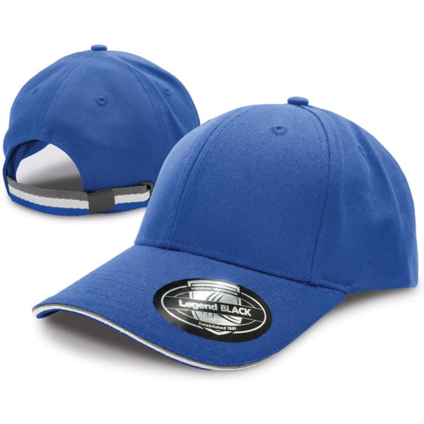 A blue cap featuring a curved brim and an adjustable strap at the back, with a logo on the front.
