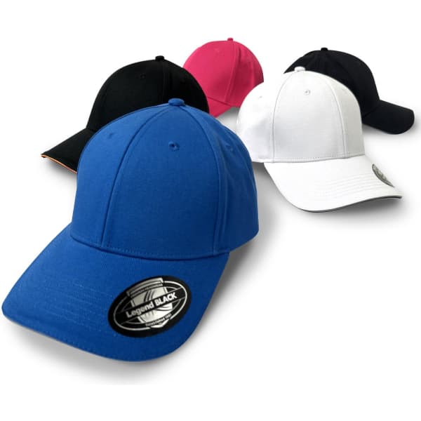 A collection of caps in blue, black, pink, and white, featuring a logo on the side of each cap.