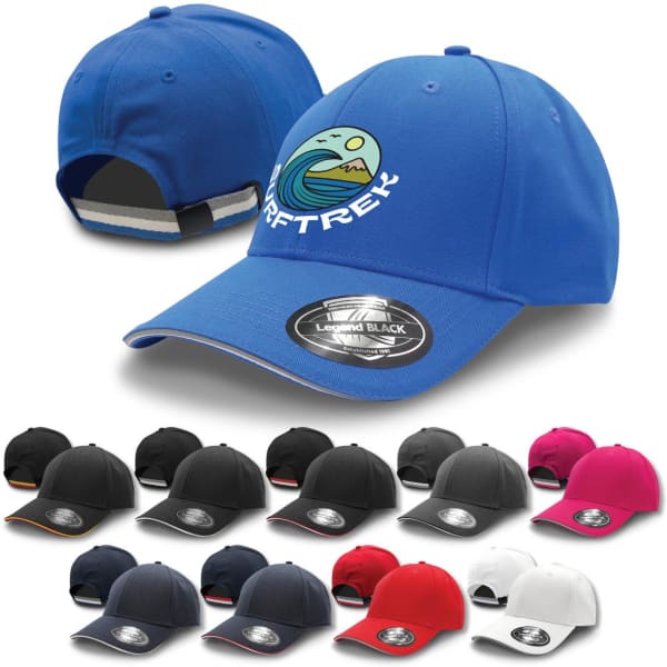 A blue cap with a logo, featuring various additional caps in black, white, pink, and other colours.