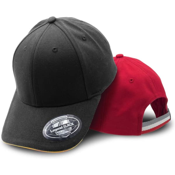 A black cap and a red cap displayed together, featuring a logo and differing styles in headwear.