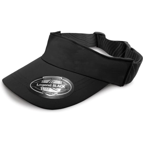 A black sports visor with a curved brim and a flexible band, featuring a logo on the front.