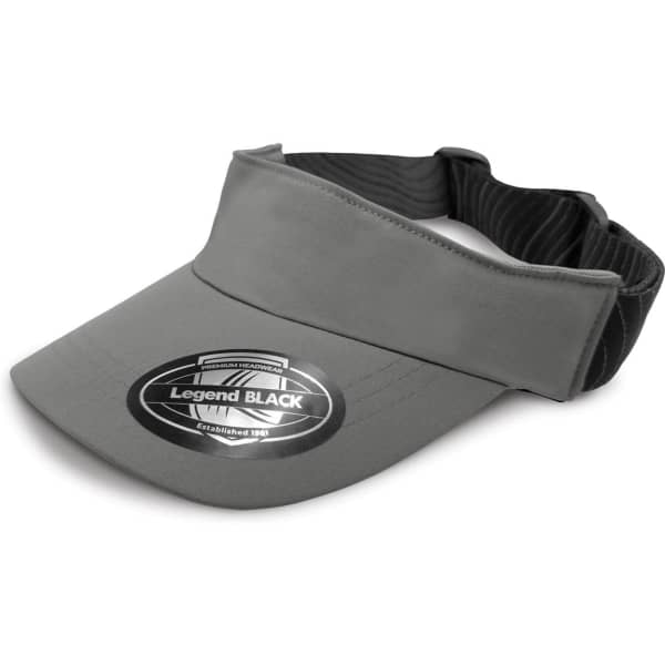 A grey visor with a wide brim and an adjustable black strap, featuring a logo on the front.