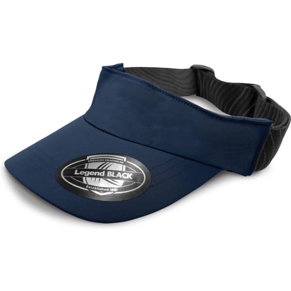 A navy blue sports visor with a black band and a branded logo on the front.